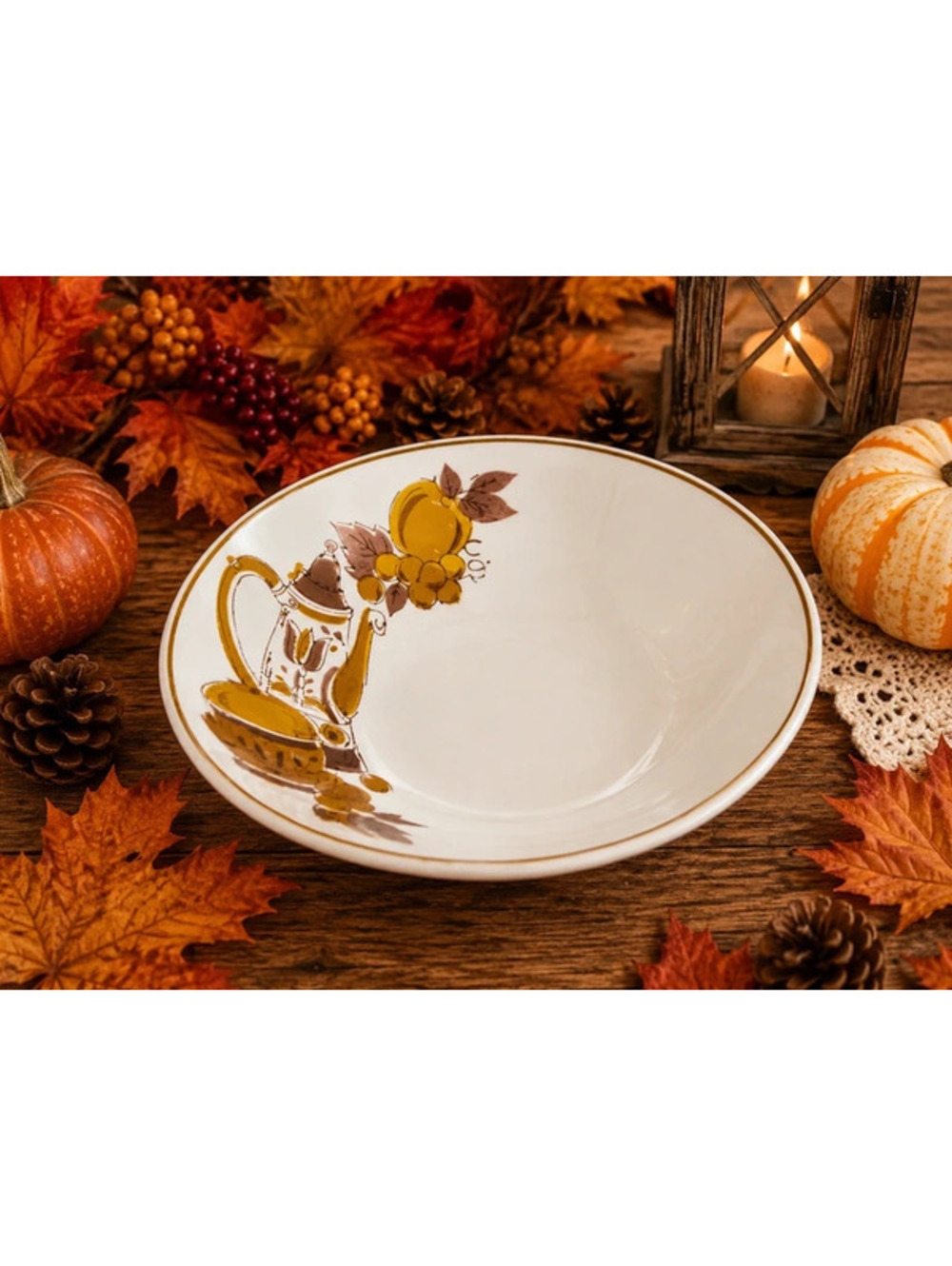 Vintage Mikasa Harvest Serving Bowl – Fruit & Teapot Pattern – 1970s Retro